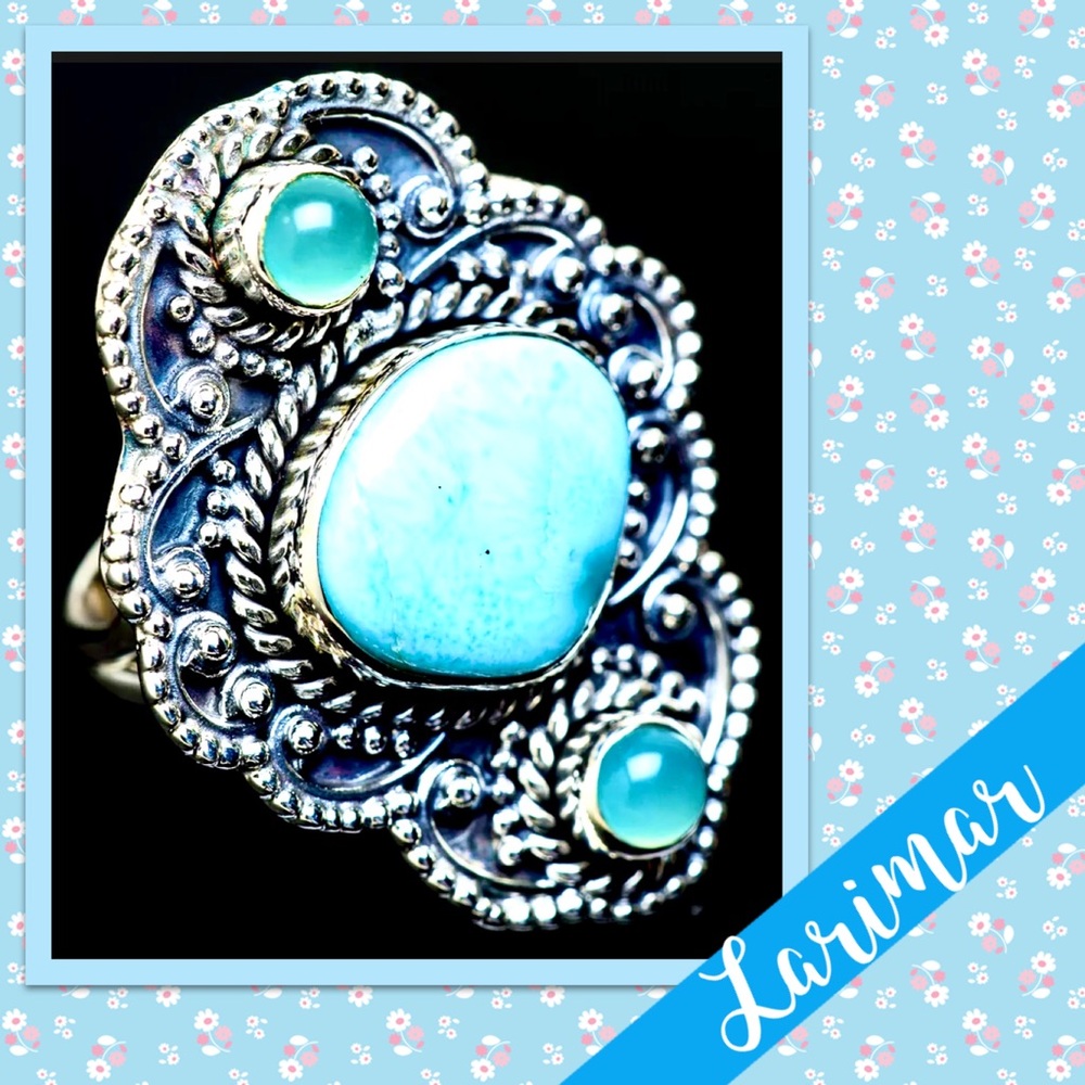 Large Larimar & Aqua Chalcedony Sterling Silver Ring NWOT (Pale Turquoise Blue)